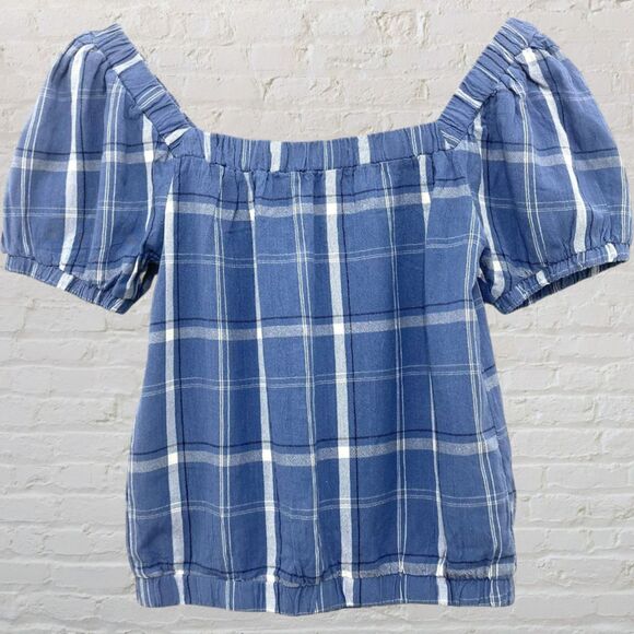 Clockhouse Off Shoulder Top S Blue Plaid Puff Sleeve Button Front Boho - Picture 3 of 11